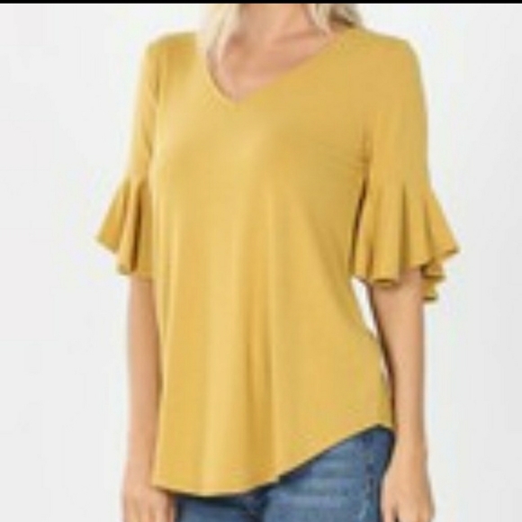 Zenana Outfitters Tops - Waterfall Sleeve V Neck Top Light Mustard size XL